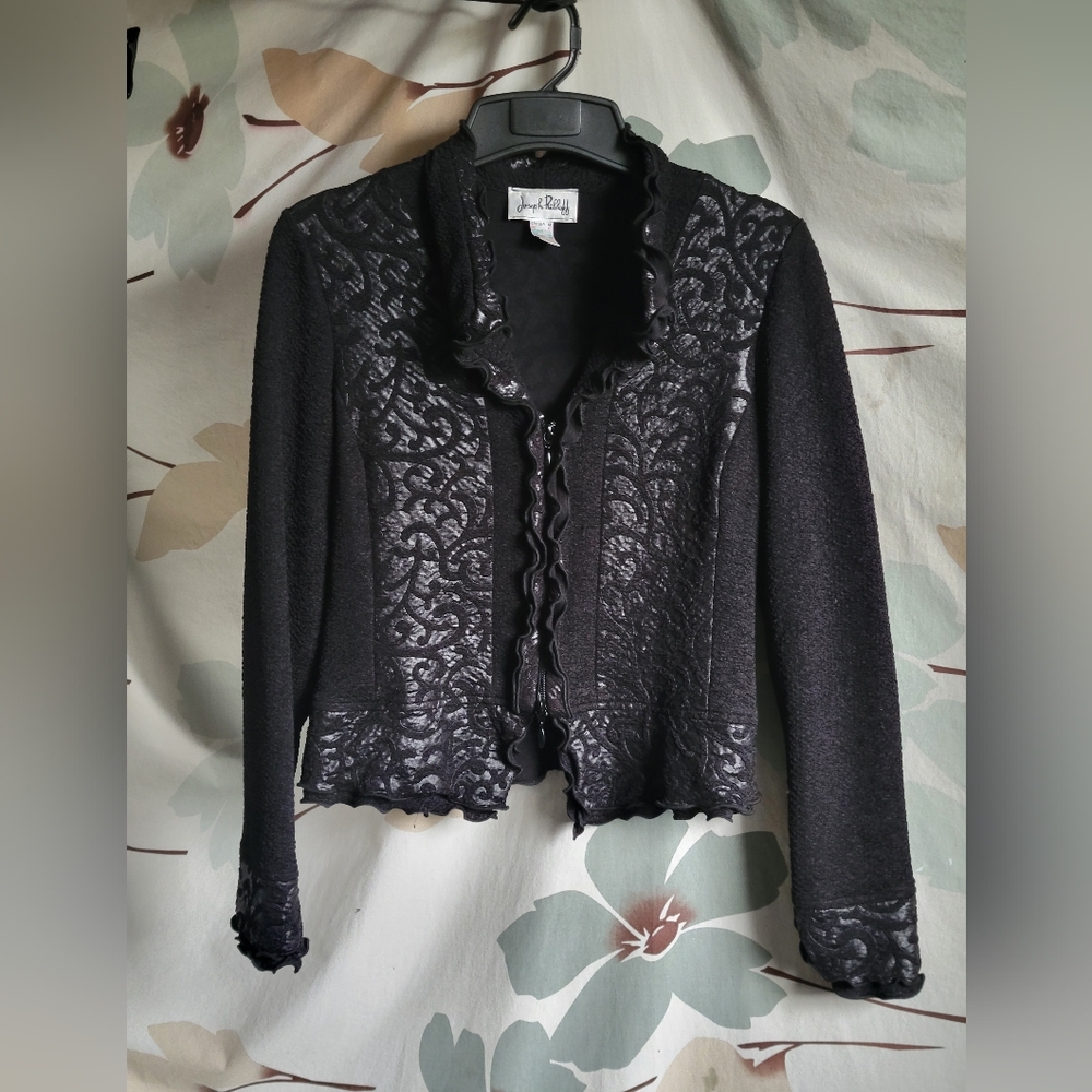 Joseph Ribkoff Black Curled Trim Velor Zip-up Jacket Size 10 Vintage